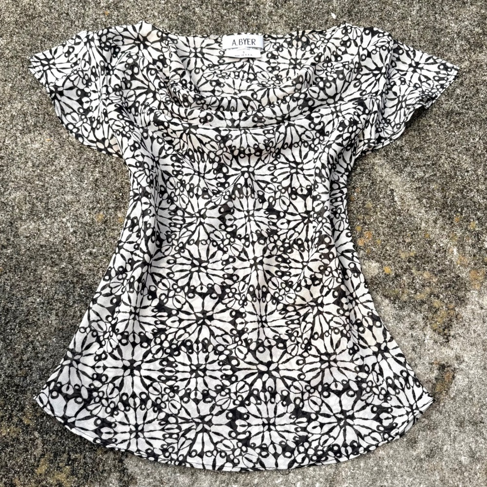 Y2K A. Byer Geometric patterned Sheer Cowl Neck Flutter Sleeve boho Top